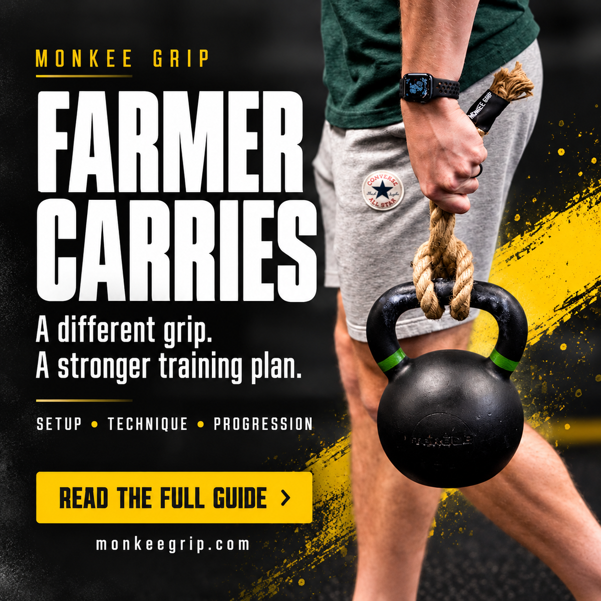 Farmer carries with Monkee Grips: setup, technique and progression, with a rope grip attached to a kettlebell.