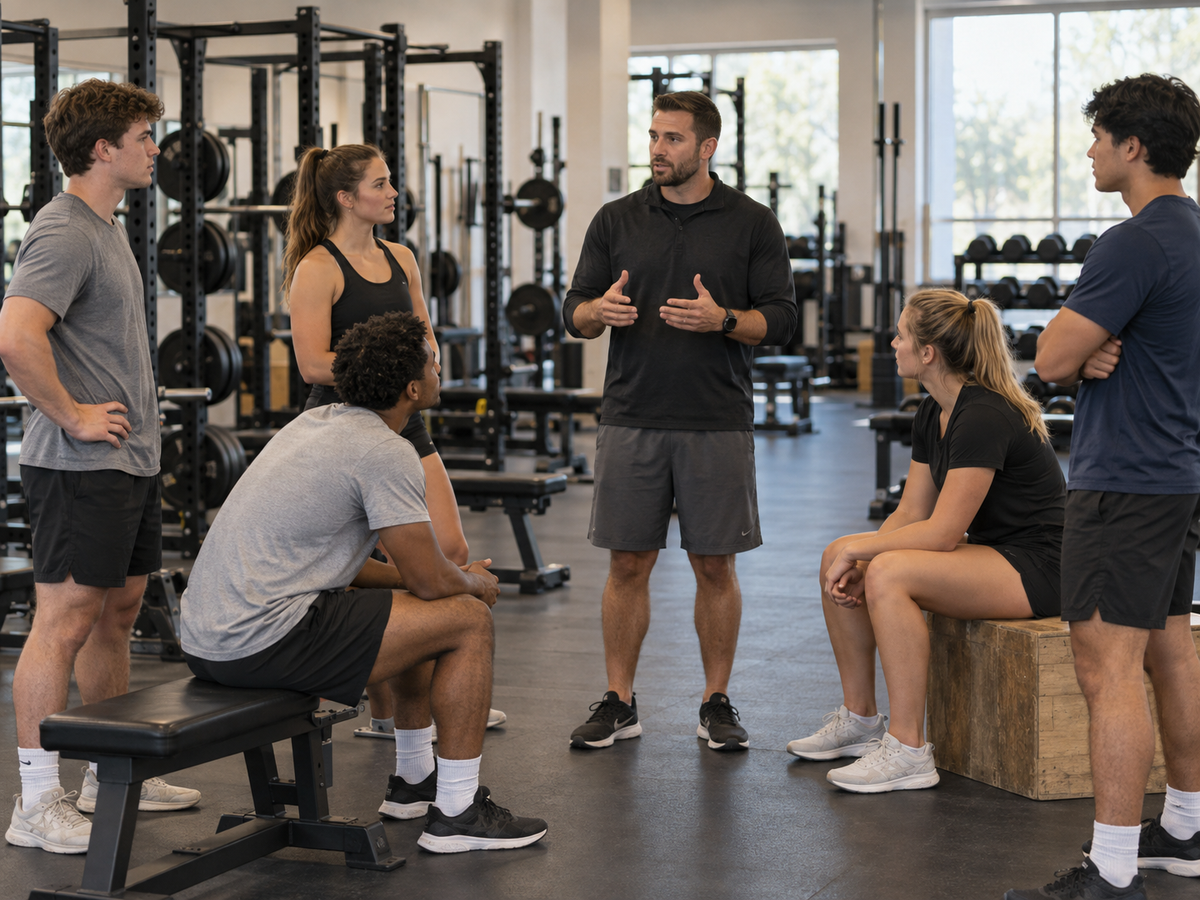 A coach speaking with a group of athletes in a weight room