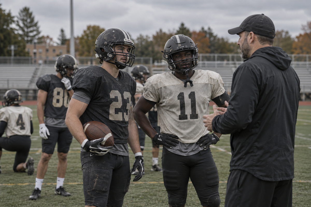 Football players listening to a coach on a practice field