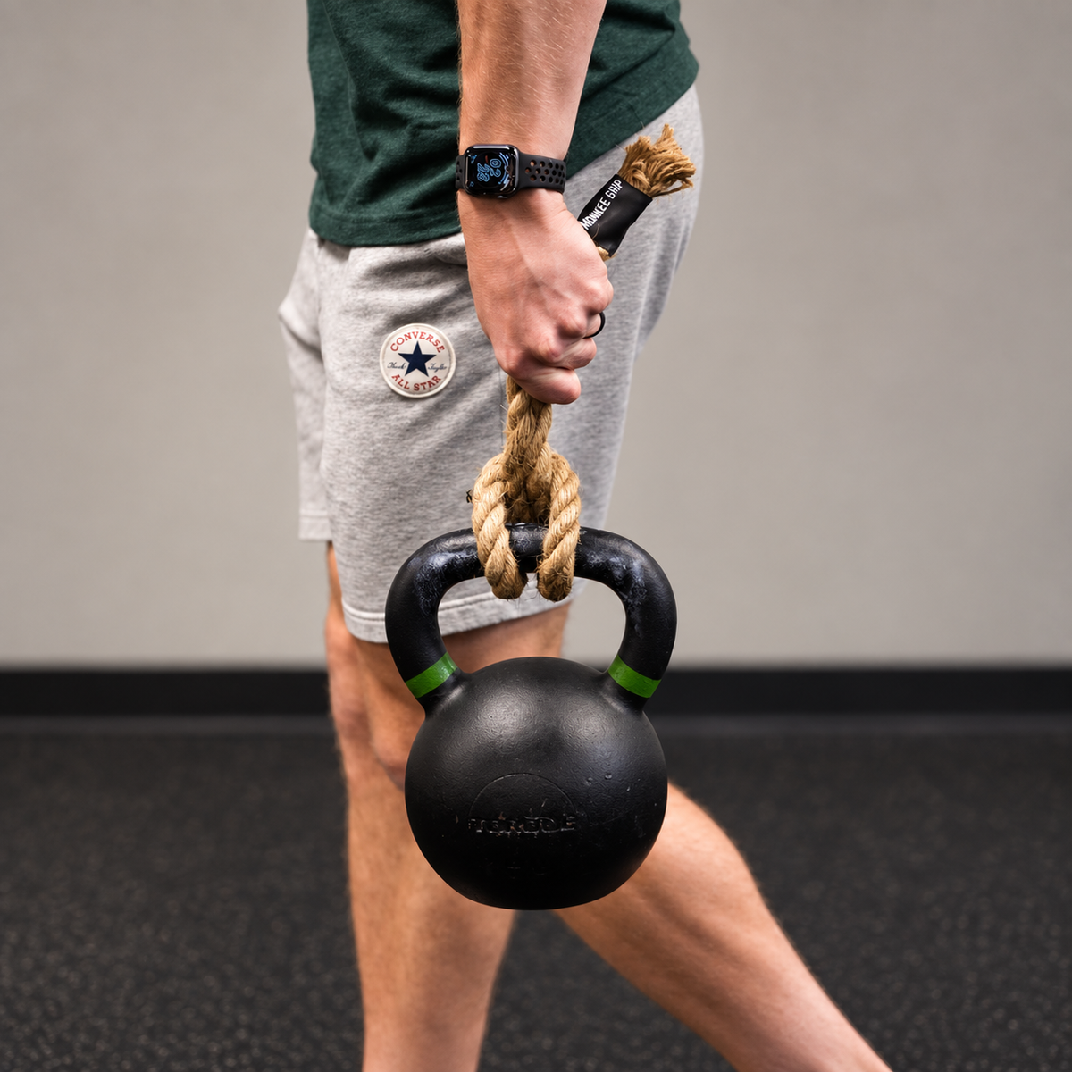 Close-up of a jute Monkee Grip attached to a kettlebell