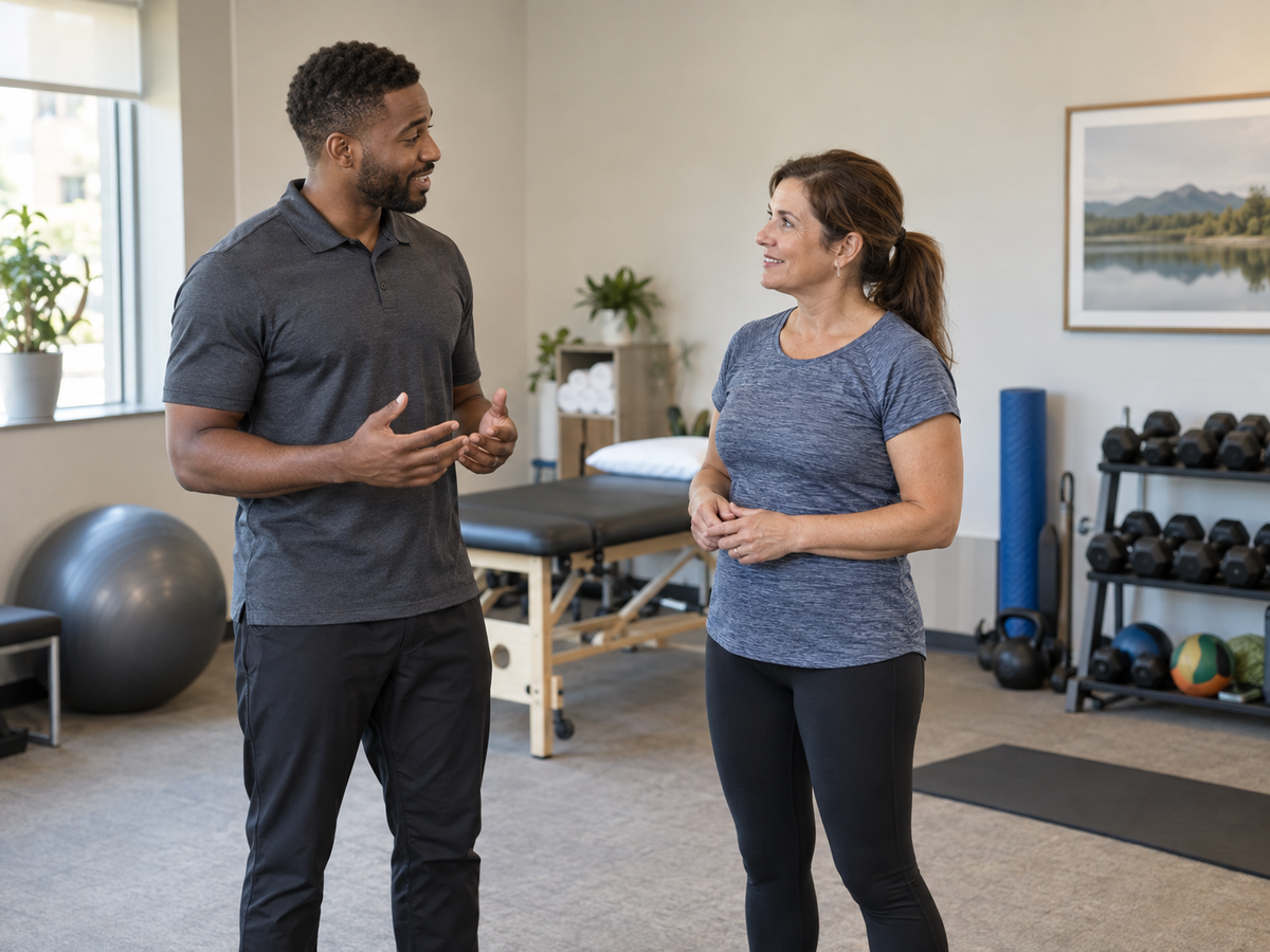 An exercise professional speaking with an adult in a clinic exercise space
