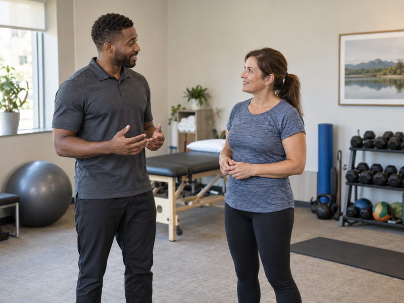 Illustrative clinic scene of an exercise professional speaking with an adult