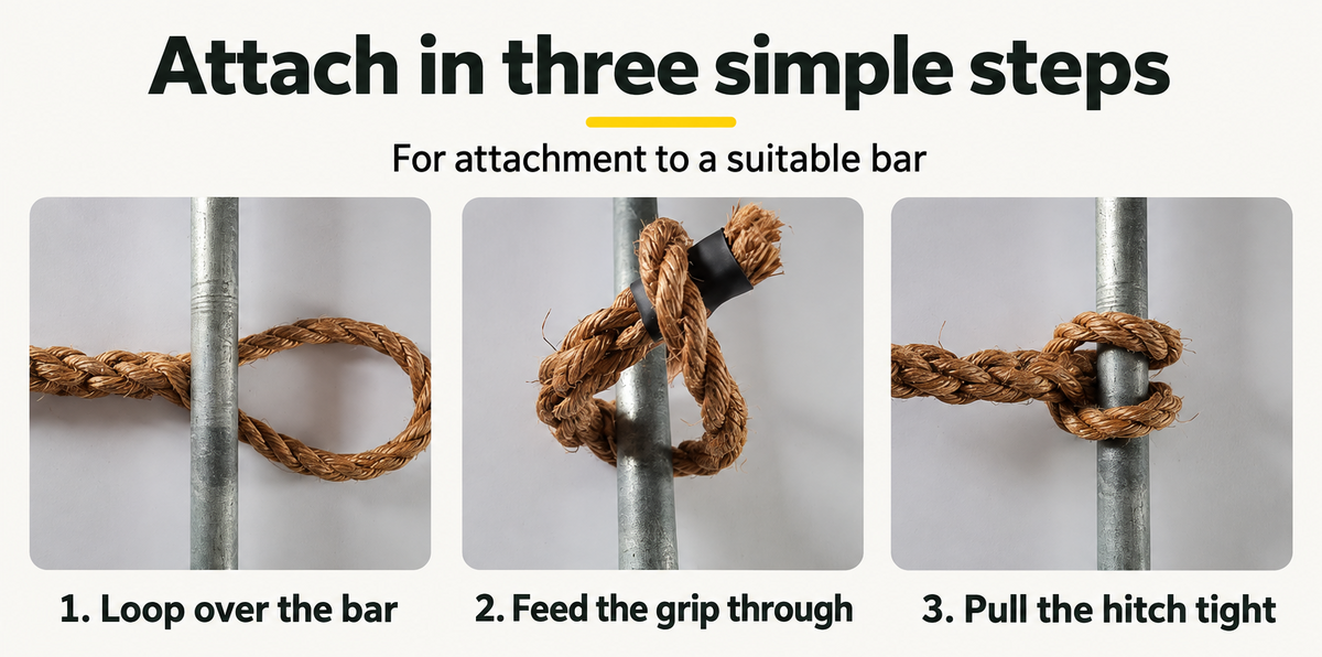 Three steps to attach Monkee Grips to a bar: loop over the bar, feed the grip through, and tighten the hitch.